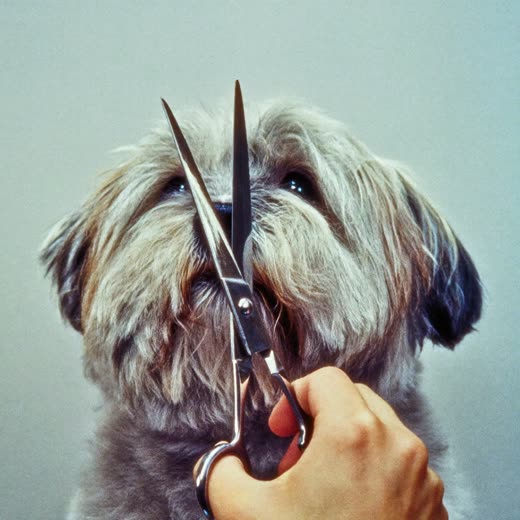 A dog's coat being trimmed with grooming scissors